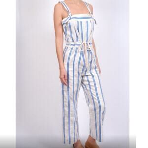 Warm Oslo July Cream Blue Striped Cotton Linen Jumpsuit S